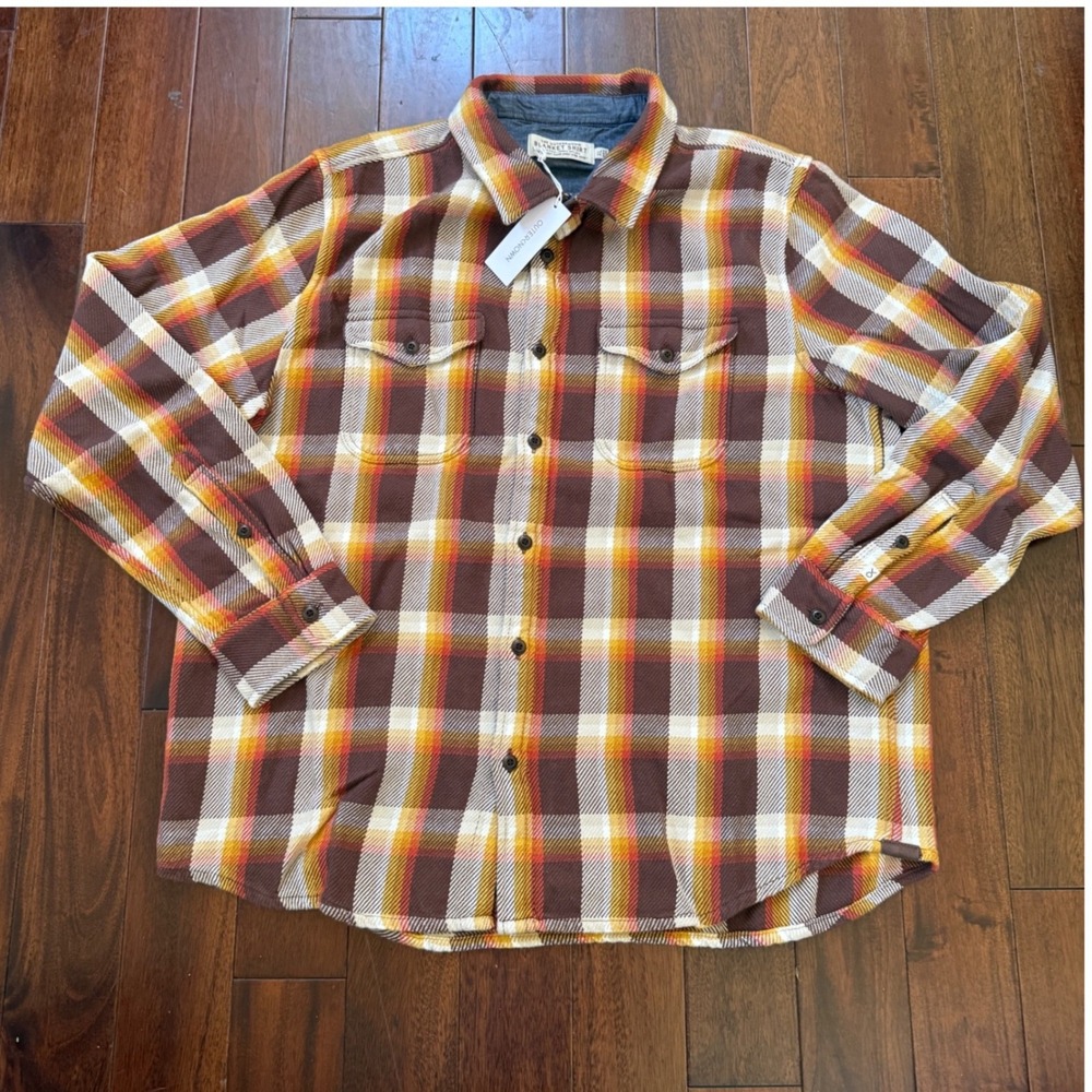 Outerknown Blanket Shirt XL Brown Yellow‎ Plaid Organic Cotton Flannel Button Up
